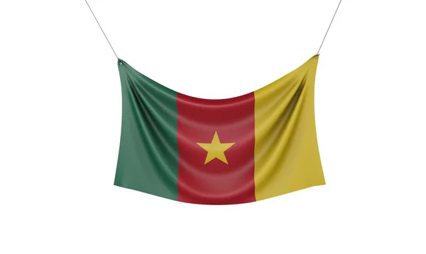 Η εθνική σημαία του Καμερούν κρέμεται πανό ύφασμα. Απόδοση 3D — Φωτογραφία Αρχείου