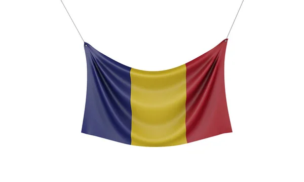 Roemenië nationale vlag opknoping stof banner. 3D-rendering — Stockfoto