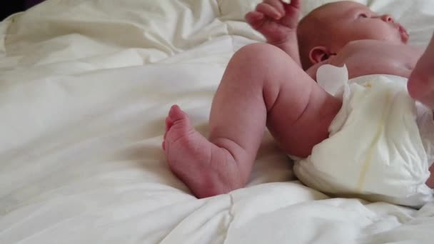 Langzame beweging van een pasgeboren baby liggend op een bed in een luier — Stockvideo