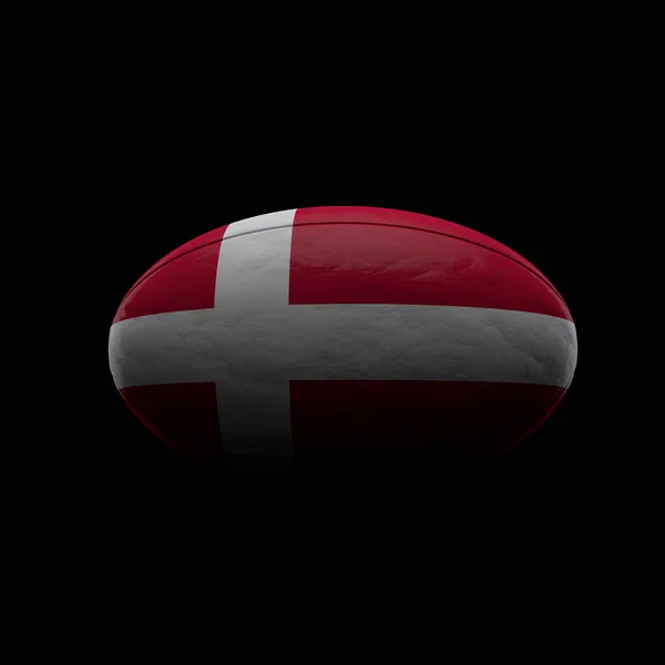 Denemarken vlag rugby bal tegen zwarte achtergrond. 3d Rendering — Stockfoto