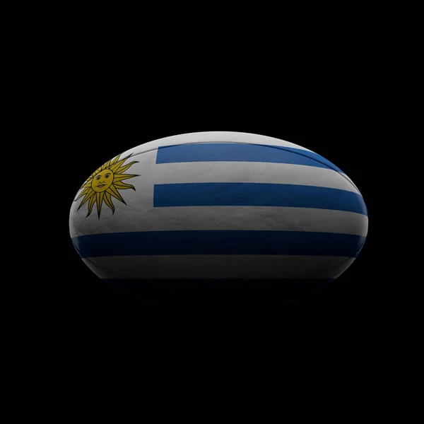 Bandera de Uruguay pelota de rugby sobre fondo negro. Renderizado 3D — Foto de Stock