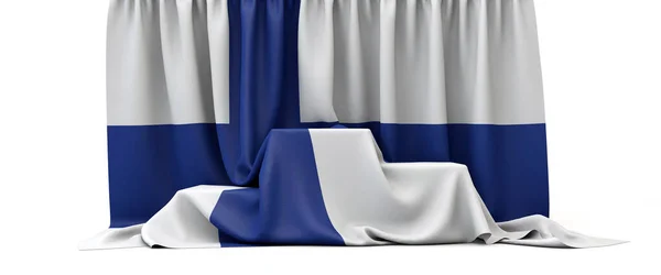 Finland flag draped over a competition winners podium. 3D Render — 스톡 사진