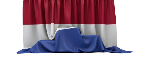 Bandera de los Países Bajos cubrió el podio de los ganadores de un concurso. Renderizado 3D —  Fotos de Stock
