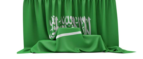 Bandera de Arabia Saudita cubrió el podio de los ganadores de un concurso. Renderizado 3D — Foto de Stock