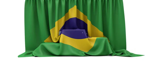 A bandeira do Brasil cobriu um pódio de vencedores da competição. Renderização 3D — Fotografia de Stock