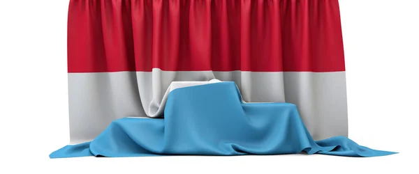 Luxembourg flag draped over a competition winners podium. 3D Render — 스톡 사진