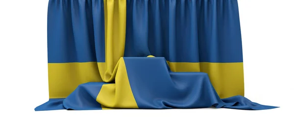 Drapeau de la Suède drapé sur un podium vainqueur de la compétition. Expéditeur 3D — Photo