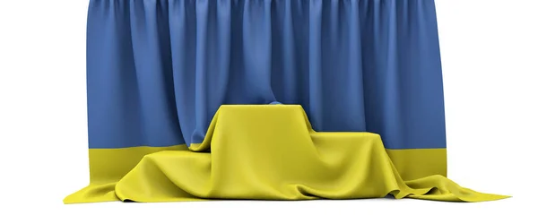 Die ukrainische Fahne drapierte ein Siegerpodest. 3D-Darstellung — Stockfoto