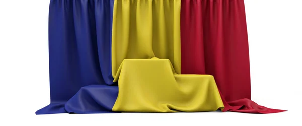 Romania flag draped over a competition winners podium. 3D Render — 스톡 사진