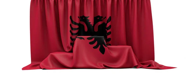 Bandera de Albania cubrió el podio de los ganadores de un concurso. Renderizado 3D — Foto de Stock