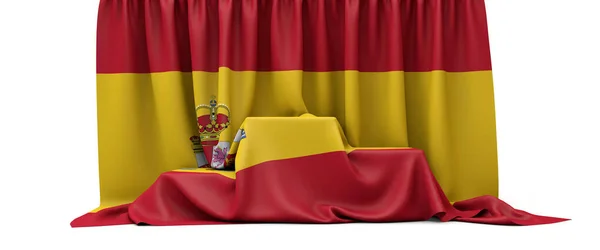 Spain flag draped over a competition winners podium. 3D Render — 스톡 사진