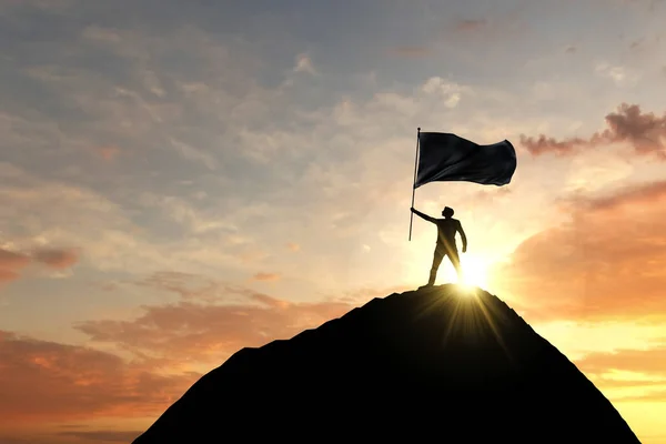 Flagge, die oben auf einem Berggipfel geschwenkt wird. 3D-Darstellung — Stockfoto