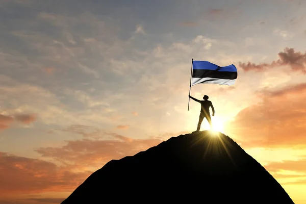 Estonian flag being waved at the top of a mountain summit. 3D Rendering — Stockfoto