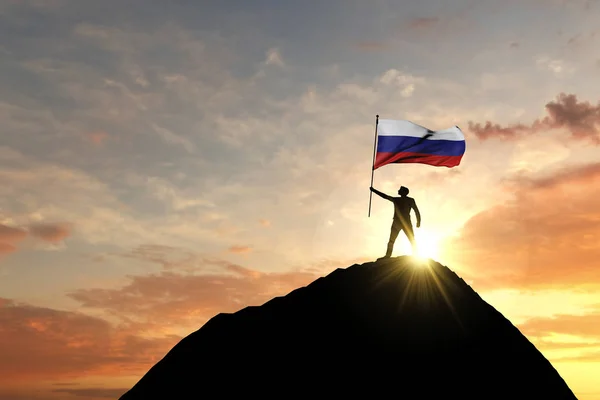 Russian flag being waved at the top of a mountain summit. 3D Rendering — 스톡 사진