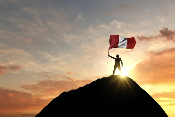 Bandera de Perú ondeada en la cima de una cumbre montañosa. Renderizado 3D — Foto de Stock