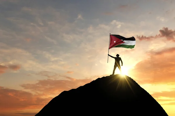Jordánská vlajka se vlní na vrcholu vrcholku hory. 3D vykreslování — Stock fotografie