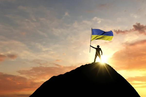 Die ukrainische Flagge wird oben auf einem Berggipfel geschwenkt. 3D-Darstellung — Stockfoto