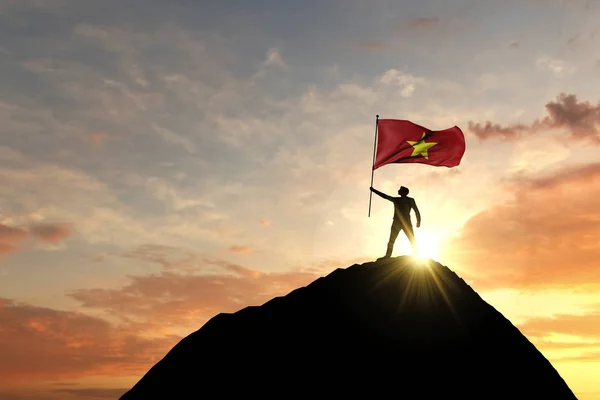 Bandera vietnamita ondeando en la cima de una cumbre montañosa. Renderizado 3D — Foto de Stock