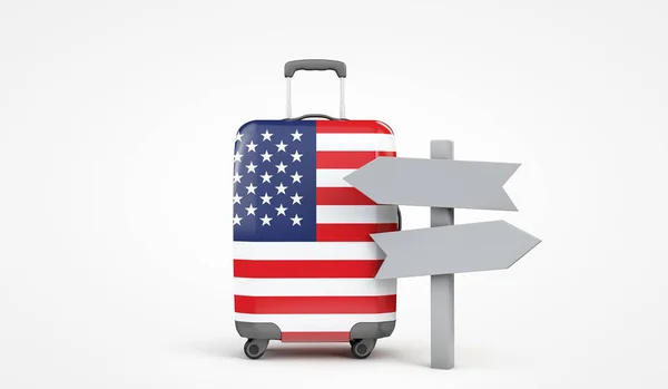 USA drapeau valise de voyage avec guide en bois. Expéditeur 3D — Photo