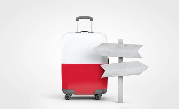 Polnische Flagge Reisekoffer mit hölzernem Wegweiser. 3D-Darstellung — Stockfoto