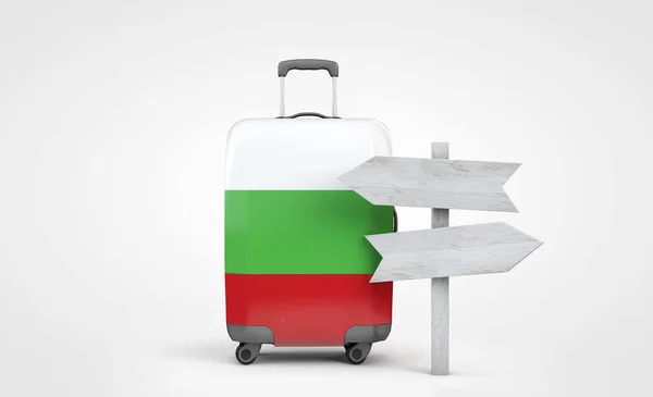 Bulgarien Flagge Reisekoffer mit hölzernem Wegweiser. 3D-Darstellung — Stockfoto