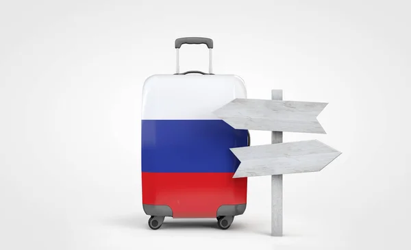 Российский флаг путешествия чемодан с деревянным указателем. 3D Render — стоковое фото