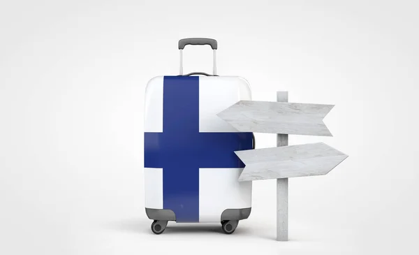 Reisekoffer mit finnischer Flagge und hölzernem Wegweiser. 3D-Darstellung — Stockfoto