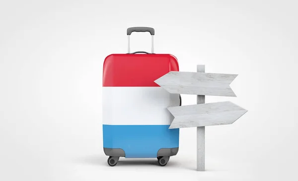 Reisekoffer mit luxemburger Flagge und hölzernem Wegweiser. 3D-Darstellung — Stockfoto