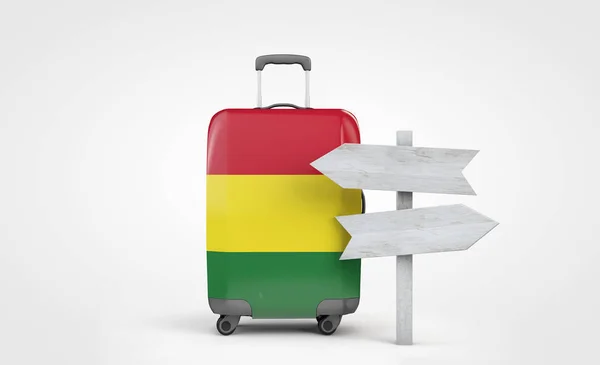 Reisekoffer mit bolivianischer Flagge und hölzernem Wegweiser. 3D-Darstellung — Stockfoto