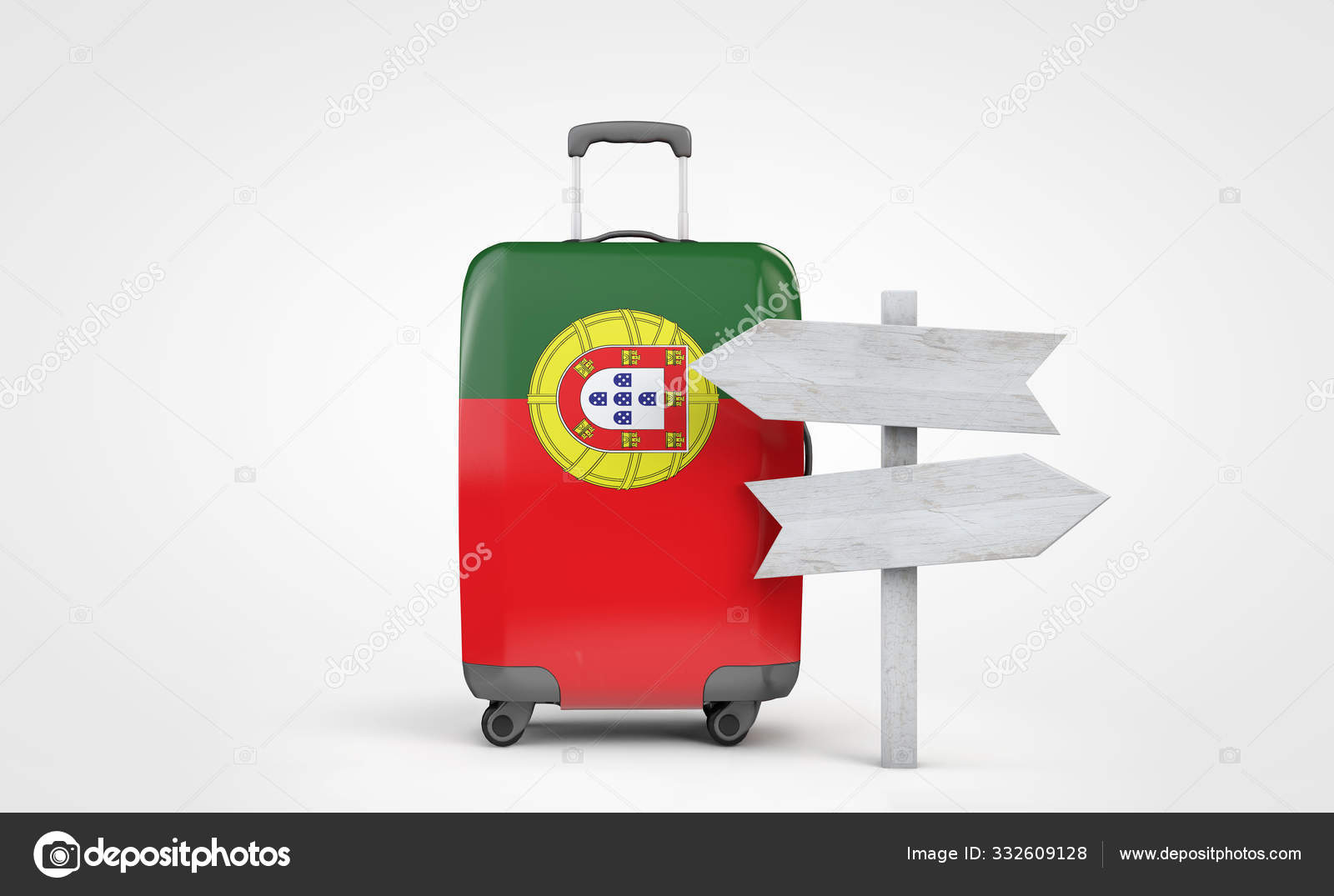 葡萄牙国旗旅行箱与木制导引路标。 3d渲染——图库图片© InkDropCreative #332609128