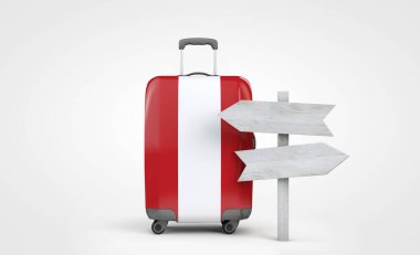 Ahşap işaret levhası olan Peru bayrağı seyahat valizi. 3d Hazırlama