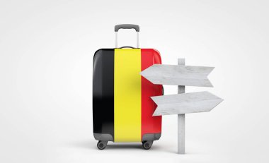 Belçika bayrağı, içinde ahşap işaret levhası olan bir valiz taşıyor. 3d Hazırlama