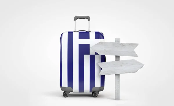 Reisekoffer mit griechischer Flagge und hölzernem Wegweiser. 3D-Darstellung — Stockfoto