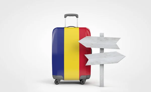 Reisekoffer mit rumänischer Flagge und hölzernem Wegweiser. 3D-Darstellung — Stockfoto