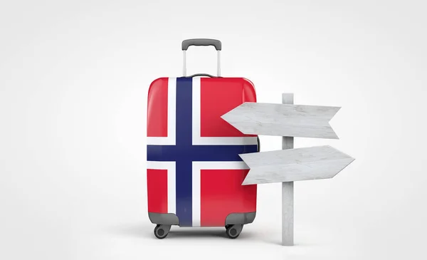 Maleta de viaje bandera de Noruega con letrero guía de madera. Renderizado 3D — Foto de Stock