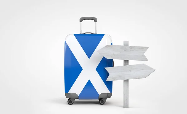Reisekoffer mit schottischer Flagge und hölzernem Wegweiser. 3D-Darstellung — Stockfoto
