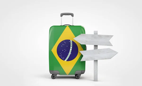 Maleta de viaje bandera de Brasil con letrero guía de madera. Renderizado 3D — Foto de Stock