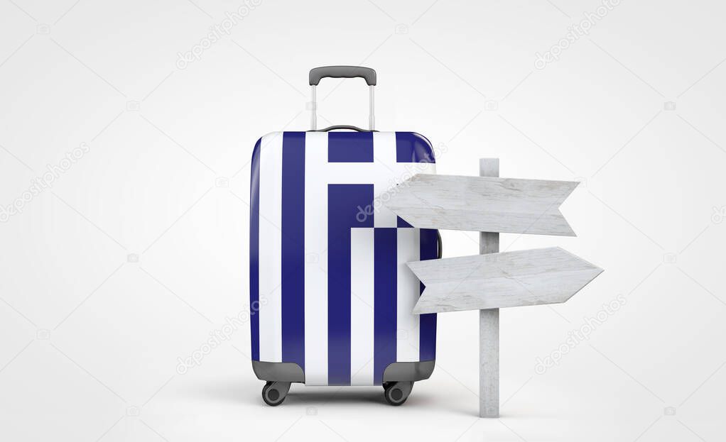 Greece flag travel suitcase with wooden guide signpost. 3D Render