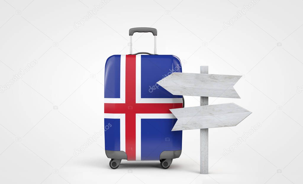 Iceland flag travel suitcase with wooden guide signpost. 3D Render