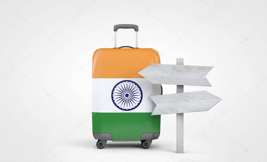 India flag travel suitcase with wooden guide signpost. 3D Render