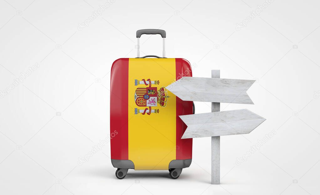 Spain flag travel suitcase with wooden guide signpost. 3D Render