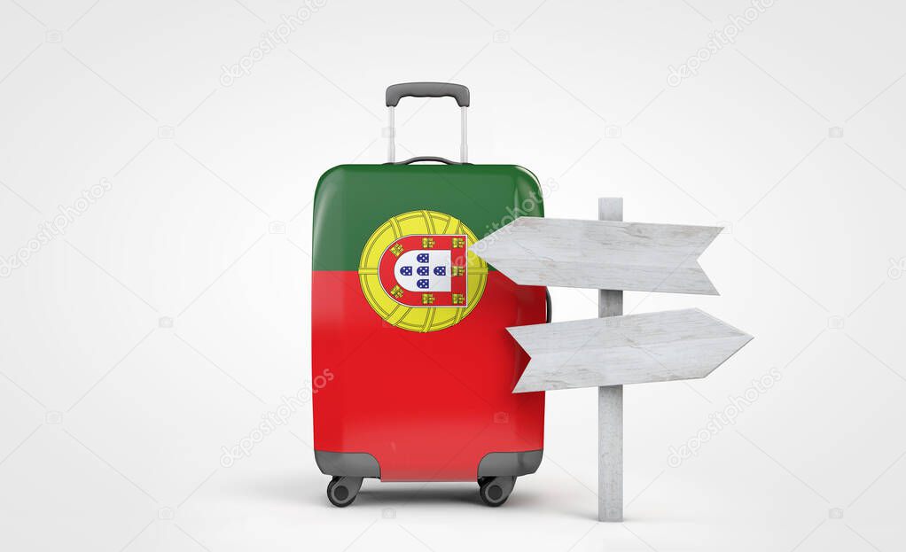 Portugal flag travel suitcase with wooden guide signpost. 3D Render