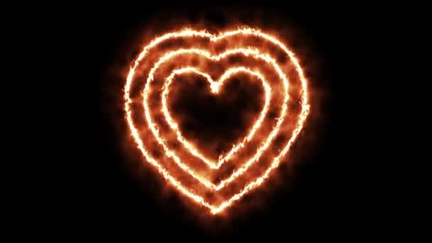Fuego ardiente amor corazón sobre un fondo negro. Renderizado 3D — Vídeos de Stock