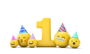 Bir numaralı emoji doğum günü partisi kutlaması. 3d Hazırlama