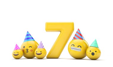 Number 7 emoji birthday party celebration. 3D Render clipart