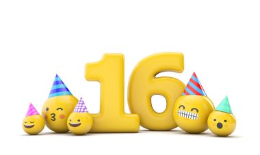 16 numaralı emoji doğum günü partisi kutlaması. 3d Hazırlama