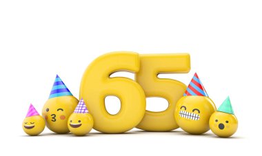 65 numaralı emoji doğum günü partisi kutlaması. 3d Hazırlama
