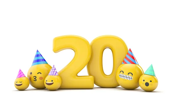 Impreza urodzinowa nr 20 emoji. 3d Renderowanie — Zdjęcie stockowe