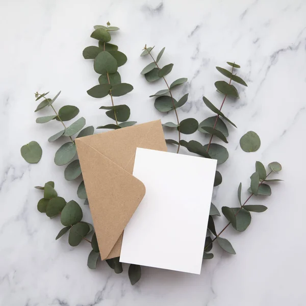 Λευκή λευκή κάρτα και φάκελος με φύλλα ευκαλύπτου. Κενή πρόσκληση. — Φωτογραφία Αρχείου