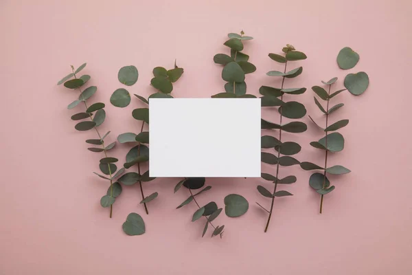 Blank white invitation stationery card with eucalyptus leaves.